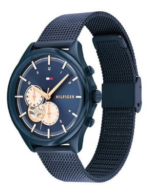 Left side perspective of the Tommy Hilfiger 1782418 blue dial and mesh strap