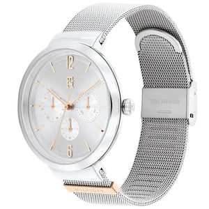 Angled view of the Tommy Hilfiger 1782537 highlighting the polished silver-tone case