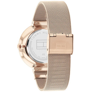 Left side perspective of the Tommy Hilfiger 1782538 rose gold dial and mesh strap