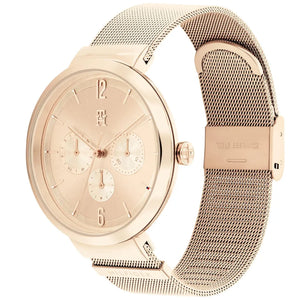 Angled view of the Tommy Hilfiger 1782538 highlighting the polished rose gold-tone case