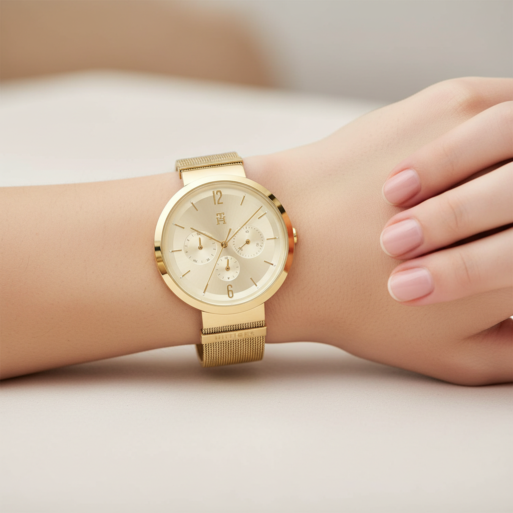 Close up shot of Tommy Hilfiger 1782539 watch on wrist showing the radiant gold sunray dial