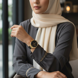 Female model wearing Tommy Hilfiger 1782540 black mesh watch with a sophisticated luxury outfit