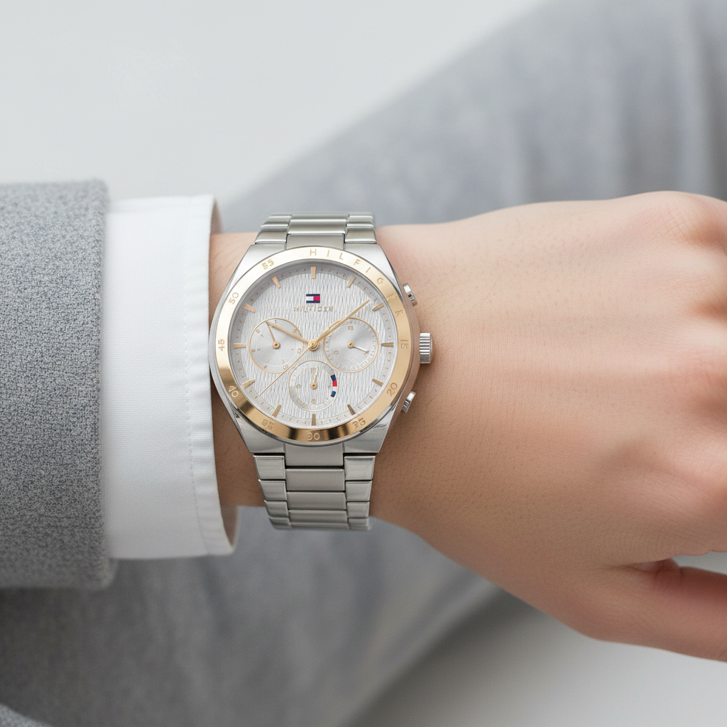 Close up shot of Tommy Hilfiger 1782573 watch on wrist showing the textured silver dial and sub-dials
