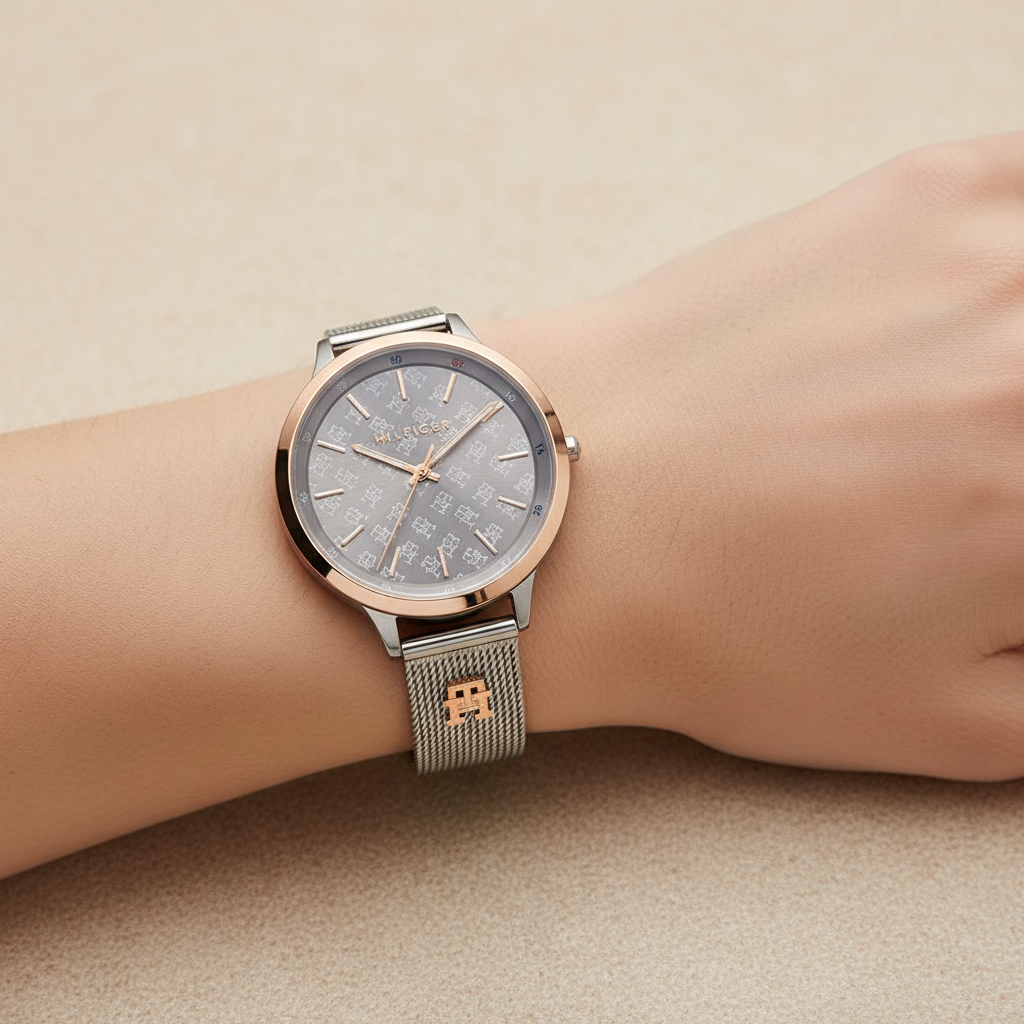 Close up shot of Tommy Hilfiger 1782587 watch on wrist showing the gray TH logo patterned dial