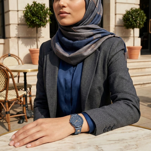 Woman wearing Tommy Hilfiger Iris slate blue mesh watch for a modern chic and sophisticated daily look