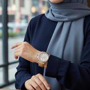 Female model wearing Tommy Hilfiger 1782615 two-tone watch with a glamorous evening outfit