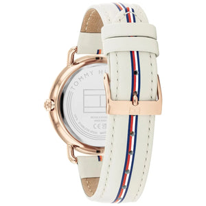 Angled view of the Tommy Hilfiger 1782659 highlighting the polished rose gold stainless steel case