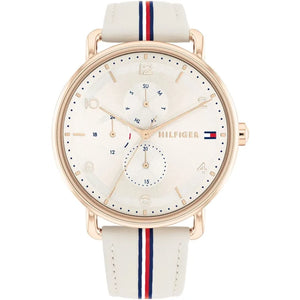 Tommy Hilfiger Lily 1782659 women's watch with rose gold case and beige leather strap with stripe
