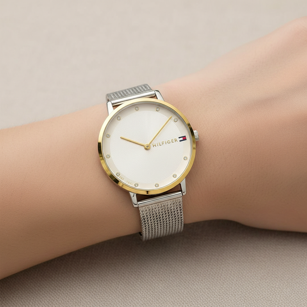 Close up shot of Tommy Hilfiger 1782667 watch on wrist showing the slim silver and gold case