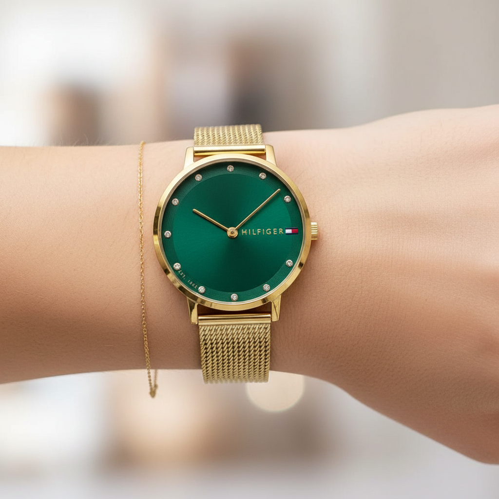 Close up shot of Tommy Hilfiger 1782668 watch on wrist showing the slim gold case and green dial