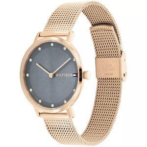 Left side perspective of the Tommy Hilfiger 1782669 grey dial and mesh strap