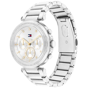 Left side perspective of the Tommy Hilfiger 1782701 silver dial and silver bracelet