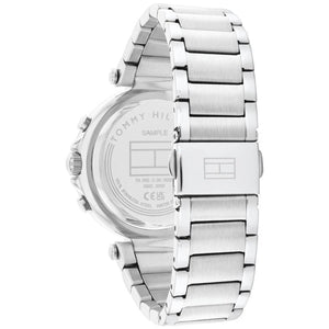 Angled view of the Tommy Hilfiger 1782701 highlighting the polished silver stainless steel case