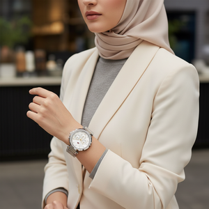 Female model wearing Tommy Hilfiger 1782701 silver watch with a sophisticated formal outfit