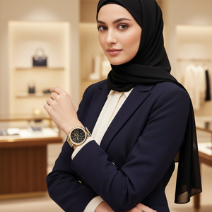 Female model wearing Tommy Hilfiger 1782702 two-tone watch with a glamorous evening outfit