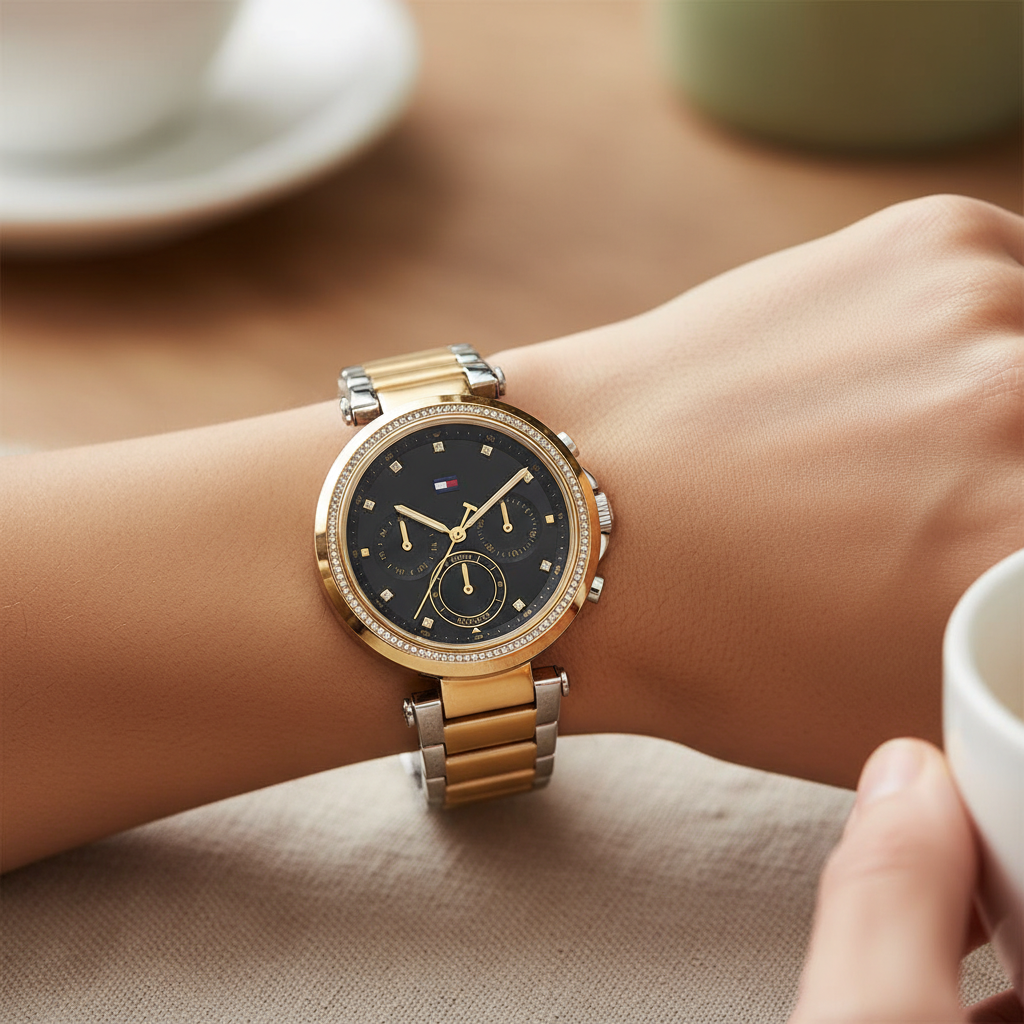 Close up shot of Tommy Hilfiger 1782702 watch on wrist showing the black dial and sparkling crystal bezel