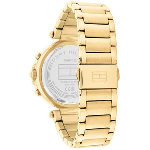 Left side perspective of the Tommy Hilfiger 1782703 silver dial and gold bracelet
