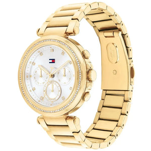 Angled view of the Tommy Hilfiger 1782703 highlighting the polished gold stainless steel case