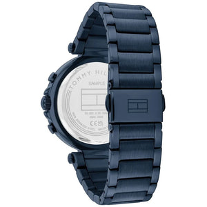 Left side perspective of the Tommy Hilfiger 1782704 navy blue dial and link bracelet
