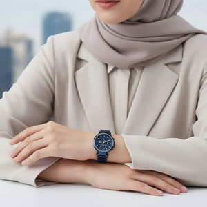 Female model wearing Tommy Hilfiger 1782704 full navy watch with a glamorous evening outfit