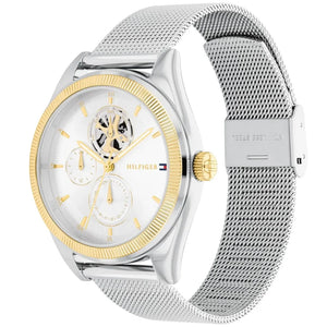 Angled view of the Tommy Hilfiger 1782713 highlighting the rose gold fluted bezel detail
