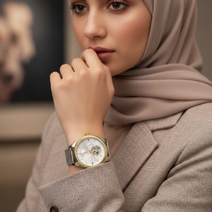 Female model wearing Tommy Hilfiger 1782713 silver mesh watch with a luxury classic outfit