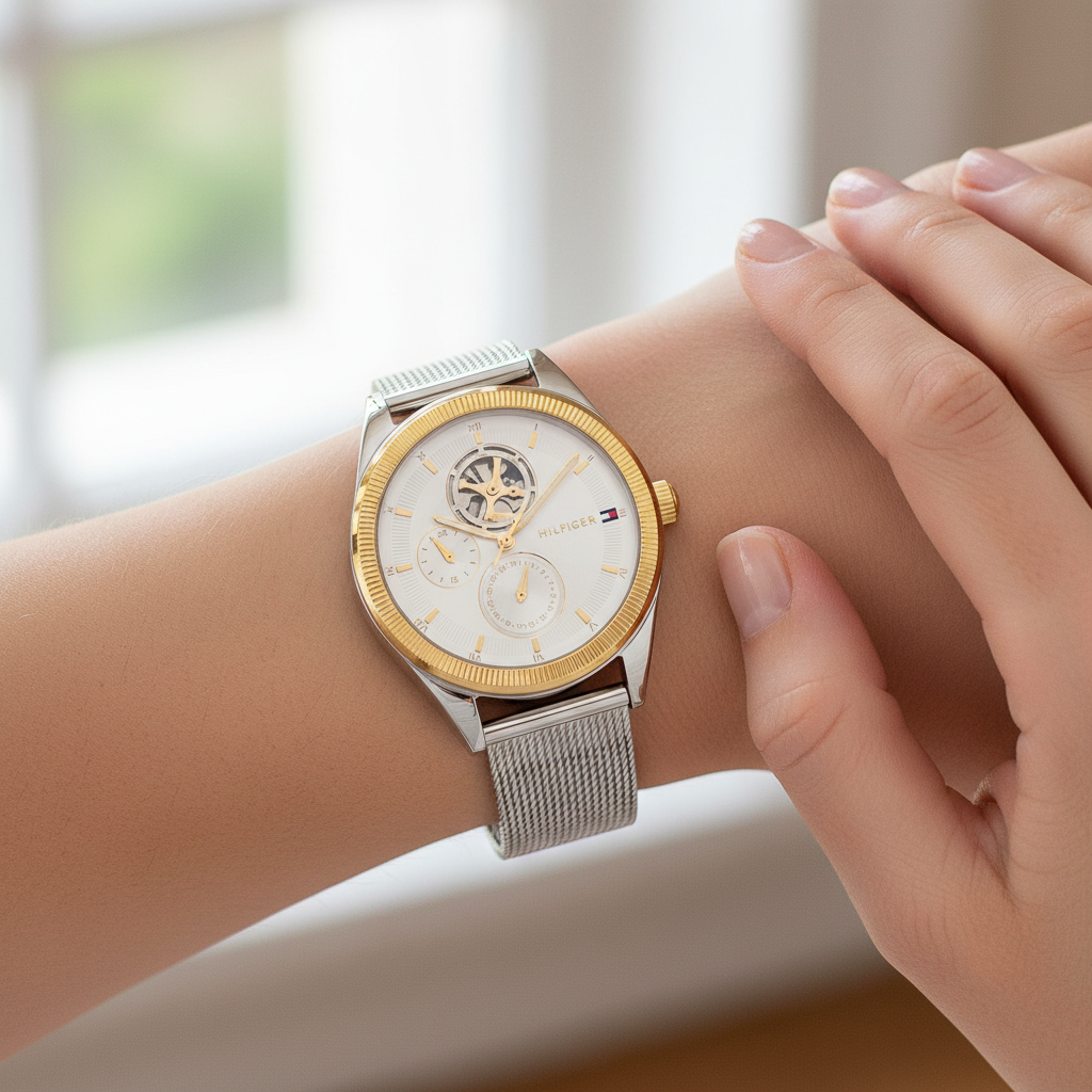 Close up shot of Tommy Hilfiger 1782713 watch on wrist showing the skeleton window and rose gold bezel