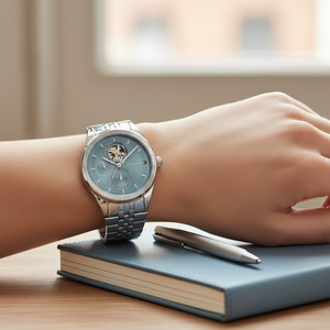 Close up shot of Tommy Hilfiger 1782714 watch on wrist showing the light blue dial and skeleton window