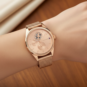 Close up shot of Tommy Hilfiger 1782715 watch on wrist showing the rose gold skeleton window and fluted bezel