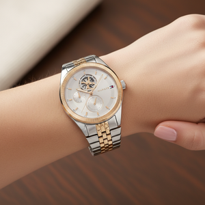 Close up shot of Tommy Hilfiger 1782716 watch on wrist showing the skeleton window and fluted bezel