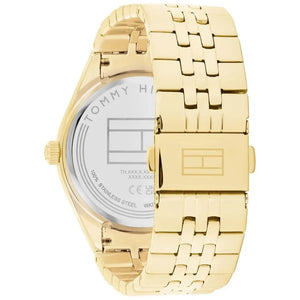 Left side perspective of the Tommy Hilfiger 1782717 black dial and gold link bracelet
