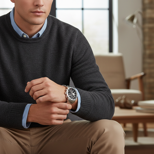 Male model wearing Tommy Hilfiger 1791141 silver watch with a casual sporty outfit