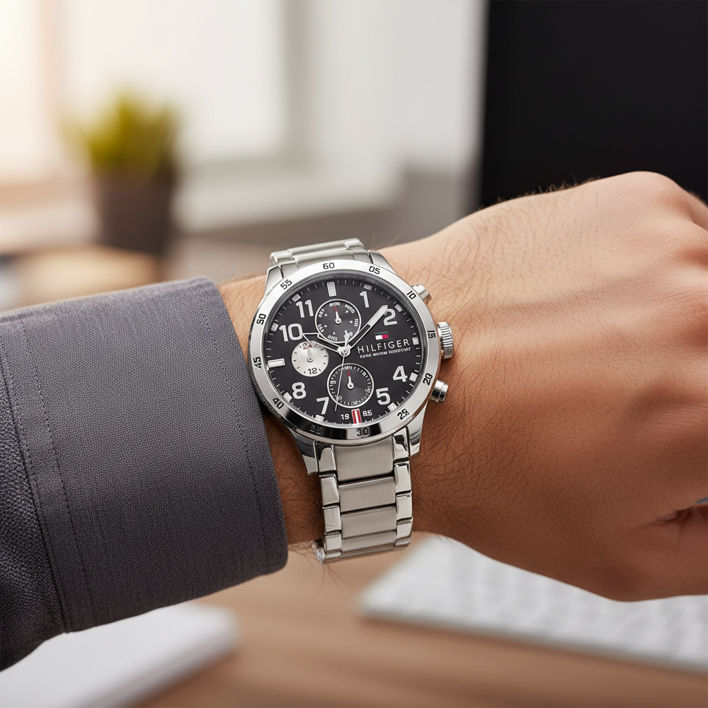 Close up shot of Tommy Hilfiger 1791141 watch on wrist showing the large Arabic numerals
