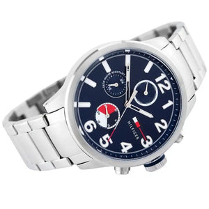 Left side perspective of the Tommy Hilfiger 1791242 blue dial and silver bracelet
