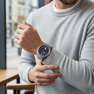 Male model wearing Tommy Hilfiger 1791242 silver watch with a casual outfit