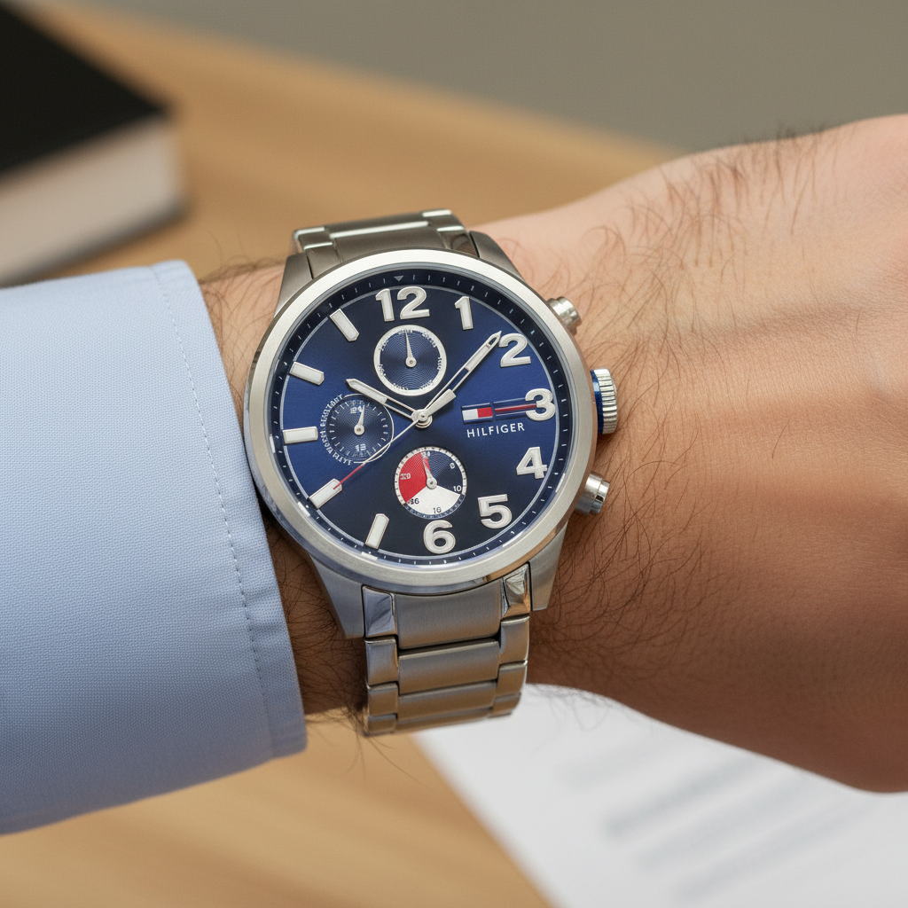 Close up shot of Tommy Hilfiger 1791242 watch on wrist showing the blue multifunction dial