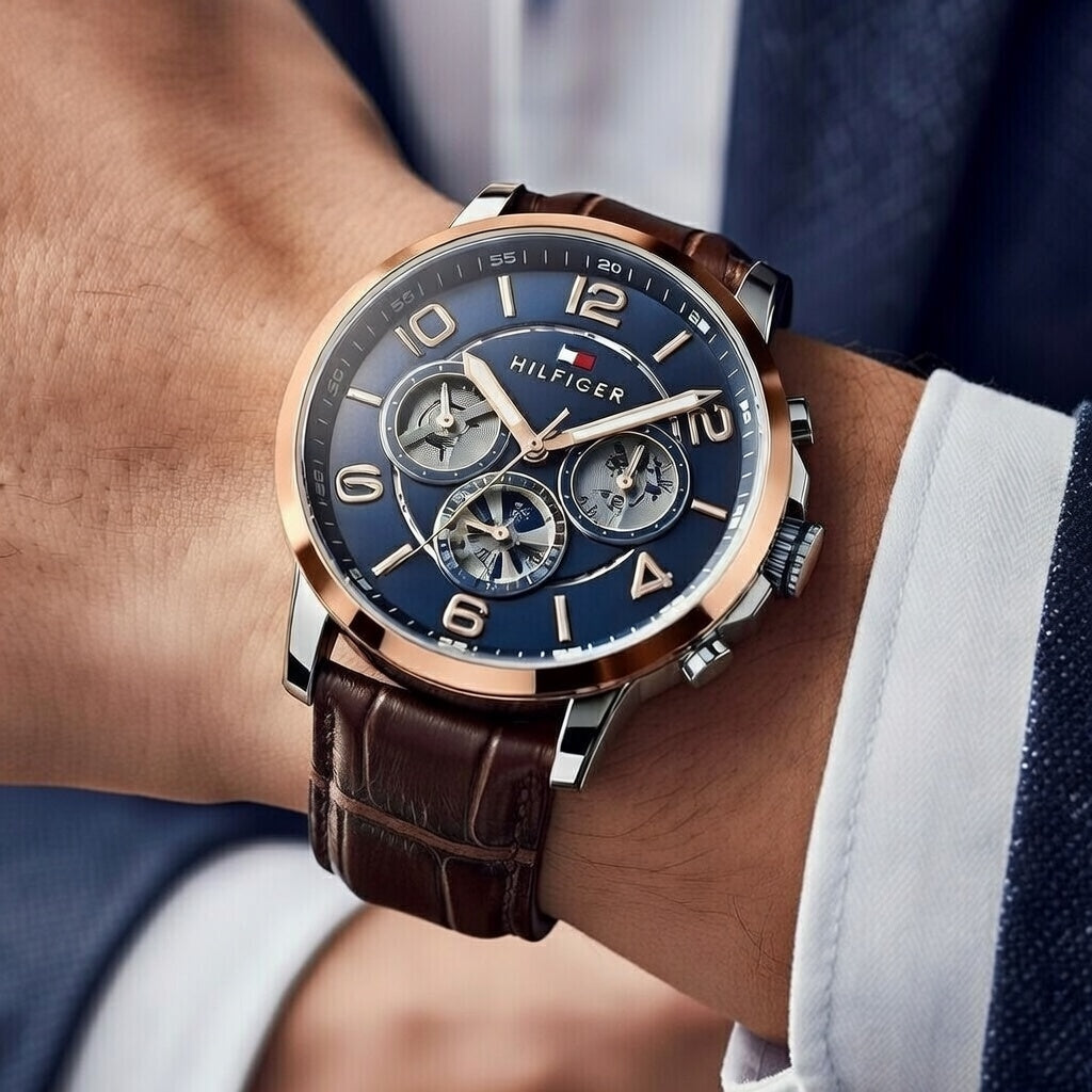 Close up shot of Tommy Hilfiger 1791290 watch on wrist showing the blue skeleton dial details