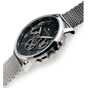 Left side perspective of the Tommy Hilfiger 1791292 black dial and mesh bracelet