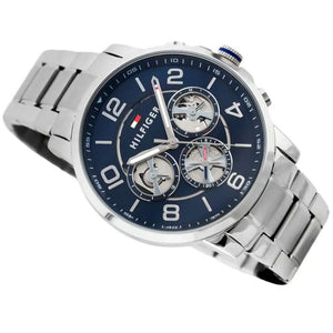 Angled view of the Tommy Hilfiger 1791293 highlighting the polished silver stainless steel case