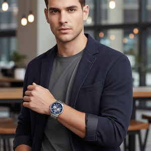 Male model wearing Tommy Hilfiger 1791293 silver watch with a modern smart casual outfit