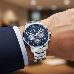 Close up shot of Tommy Hilfiger 1791293 watch on wrist showing the industrial skeleton style details