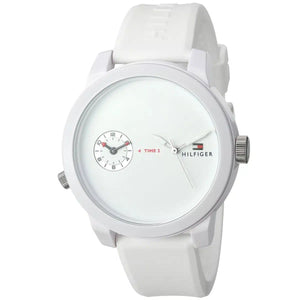 Angled view of Tommy Hilfiger 1791324 highlighting the sleek white case and durable white rubber strap