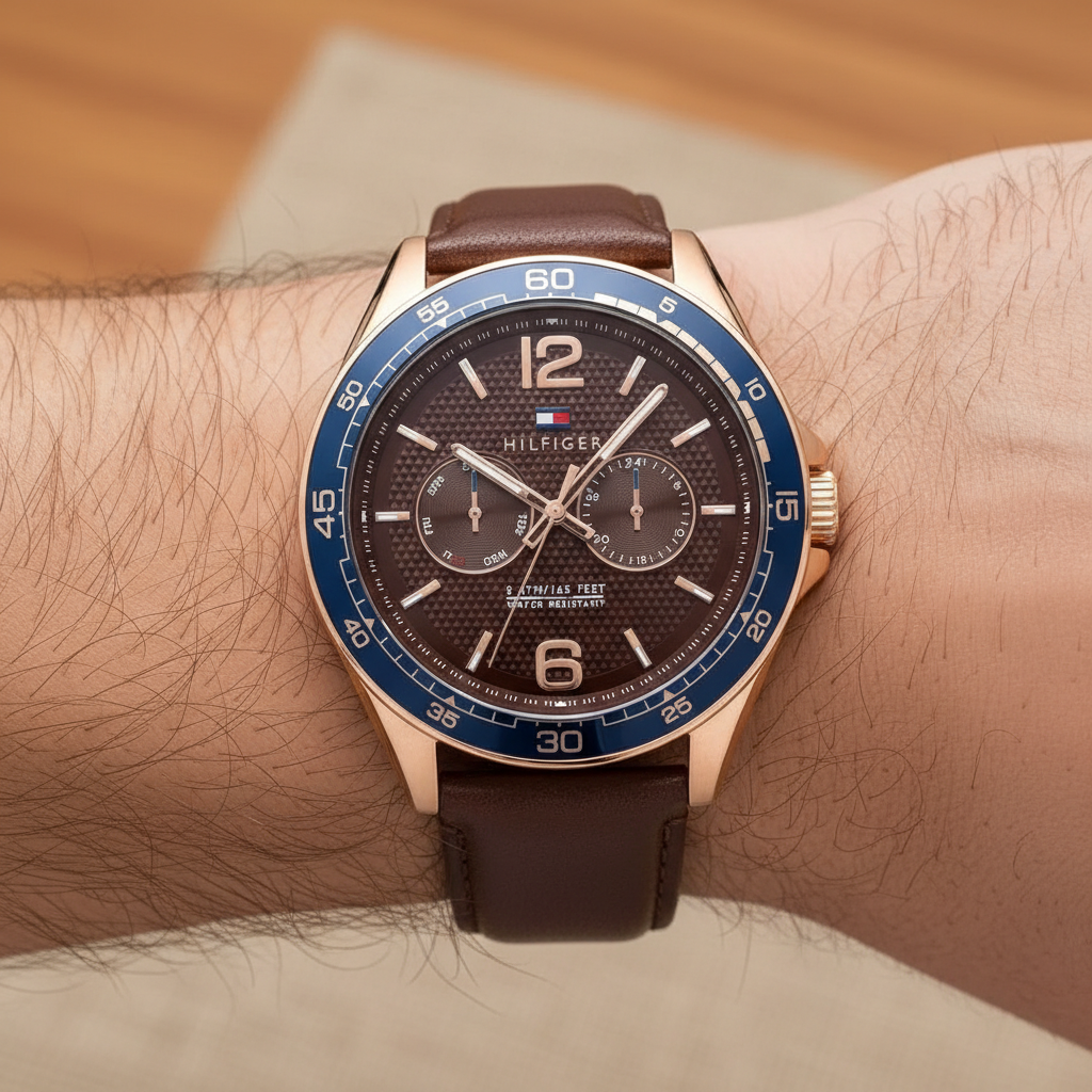 Tommy Hilfiger Erik 1791367 men's watch with rose gold case blue bezel brown dial and leather strap