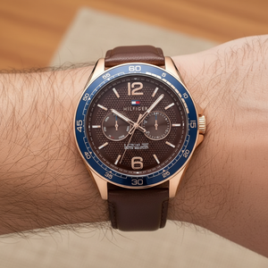 Tommy Hilfiger Erik 1791367 men's watch with rose gold case blue bezel brown dial and leather strap