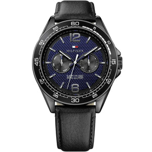 Tommy Hilfiger Erik 1791368 men's watch with black case blue textured dial and black leather strap