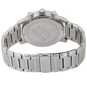 Left side perspective of the Tommy Hilfiger 1791397 grey dial and silver bracelet