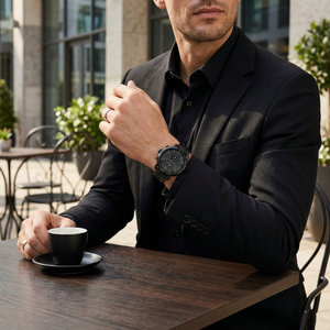 Man wearing Tommy Hilfiger Eton full black stainless steel watch for a modern, sleek, and dominant professional look