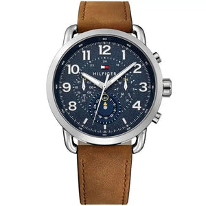Tommy Hilfiger Briggs 1791424 men's watch with silver case navy blue dial and brown leather strap