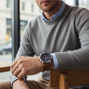 Male model wearing Tommy Hilfiger 1791424 silver watch with a casual denim outfit
