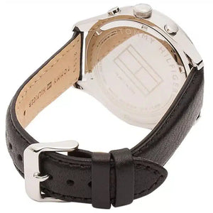 Silver-tone buckle on the genuine black leather strap of the Tommy Hilfiger 1791468